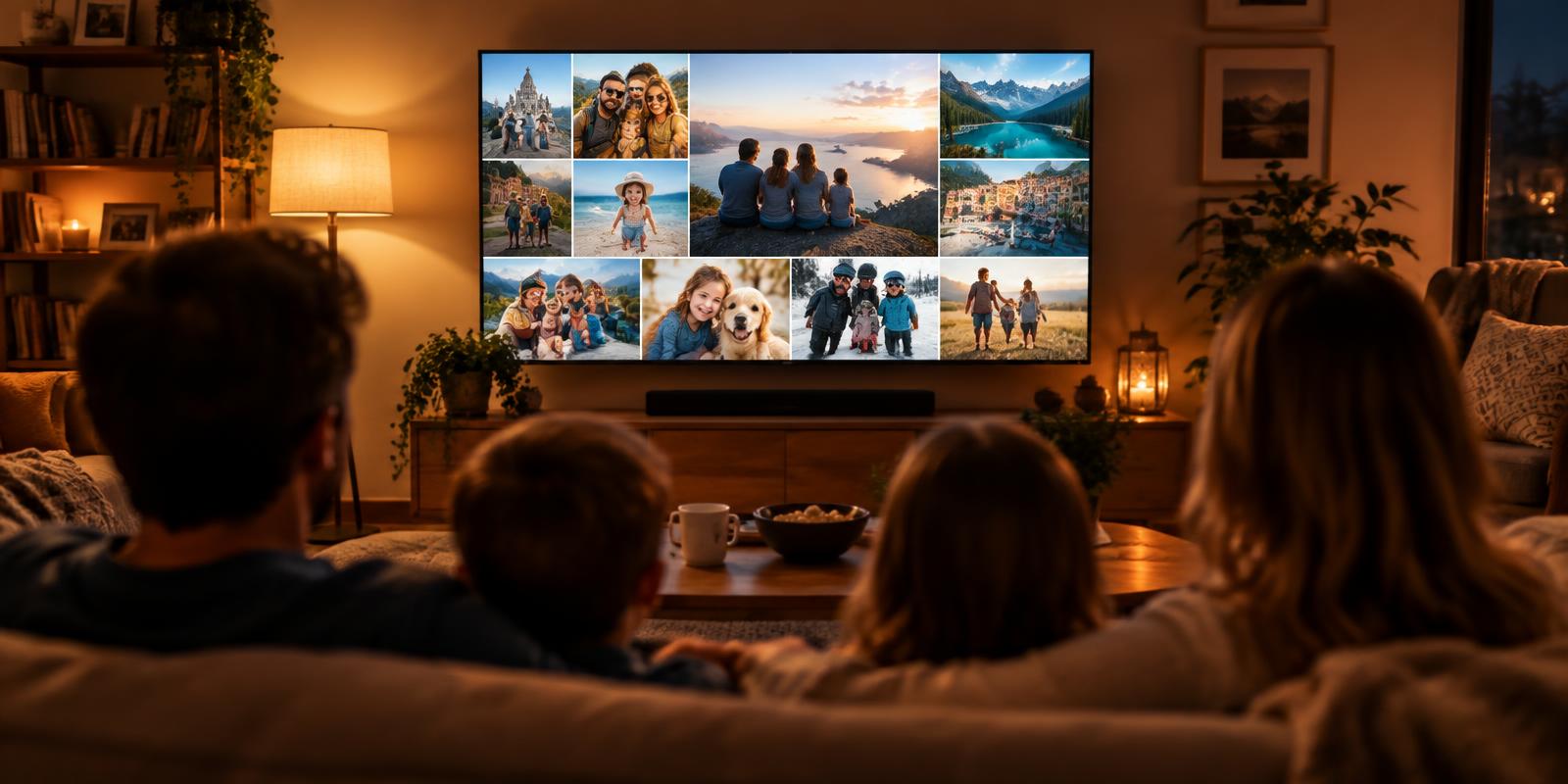 Familie kijkt naar een fotoslideshow op tv